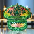 Vibrant green sequined punk style captain hat with emerald rhinestones and large gems - Adjustable / Large Badge Punk Style / Green