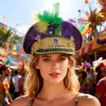 Vibrant Mardi Gras captain hat featuring purple sequins, gold rhinestones and feathers - Adjustable / Mardi Gras Tricolor Rhinestone Style / Purple