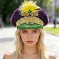 Sparkly rhinestone-encrusted festival captain hat in purple and gold Y2K punk style - Adjustable / Mardi Gras Yellow Feather Style / Purple