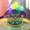 Glamorous purple sequin captain hat with green crystals and feathers - Adjustable / Mardi Gras Tricolor Feather Style / Purple