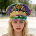 Rainbow rhinestone captain hat for women with punk Y2K sequin and spike details. - Adjustable / Mardi Gras Heavy Rhinestone Style / Multicolor