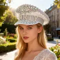 Luxurious white rhinestone captain hat with pearl PARTY lettering in punk Y2K party style - Adjustable / Bachelorette Bride Style (PARTY) / White
