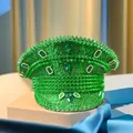 Emerald green Y2K punk style military captain hat adorned with spikes and faux gems - Adjustable / Green Punk Spikes Style / Green