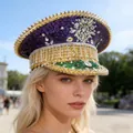 Purple sequined captain hat with rhinestones and gold spikes in Y2K style - Adjustable / Mardi Gras Purple Tassel Style / Purple