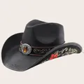 Detalle de sombrero de vaquero de paja negra con bordado rojo y banda decorativa de ámbar. - Negro / M (56-58cm)
