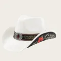 Detalle de primer plano del bordado floral y la hebilla de piedra en sombrero blanco - Blanco / M (56-58cm)
