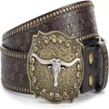 Dettaglio ravvicinato di cintura in pelle western con motivo e fibbia a testa di toro - Stile Toro Longhorn Argentato (Stile Y)