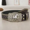 Δερμάτινη ζώνη Western cowboy με ανάγλυφα λουλούδια και ασημένια αγκράφα αλόγου. - 105cm / Στυλ Ανάγλυφου Αλόγου (Στυλ C) / Καφέ