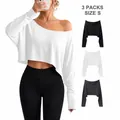 3-pack of ice silk off-the-shoulder long sleeve crop tops in white, black, and gray - S / Tops / Set of 3 / Black White Gray
