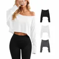 Pack de 3 crop tops de manga larga con hombros descubiertos en seda de hielo tricolor - 2XL / Tops / Juego de 3 / Negro Blanco Gris