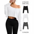 Pack of 3 ice silk one-shoulder long sleeve crop tops in black, white, and gray colors - 2XL / Tops / Set of 3 / Black White Gray