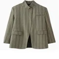 Close-up detail view of a vintage green plaid blazer with a mandarin collar and top button. - S / Tops / Khaki Plaid