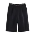 Close-up of black women's casual bermuda shorts featuring a snakeskin pattern belt - XS / Bottoms / Black