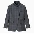 Close-up of a stylish charcoal plaid blazer with a unique stand collar and asymmetric button. - S / Tops / Dark Grey Plaid