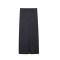 Detailed view of the dark grey knitted fabric and front slit of this elegant midi skirt - S / Bottoms / Dark Gray