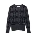 Women's grey argyle knit cardigan with long sleeves and black faux leather waist belt - S / Tops / Dark Gray