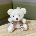 Adorable white curly fur plush bear keychain charm featuring a brown checkered bow - Bear / 8cm / White