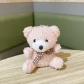 Cute pink curly plush teddy bear keychain pendant with a checkered gingham bow tie - Bear / 8cm / Pink