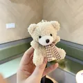 Cute beige curly plush teddy bear keychain with a brown checkered ribbon bow - Bear / 8cm / Apricot