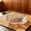 Handmade Japanese pink cherry blossom glass sauce dish presented on a natural bamboo mat - Petal Dish (Large/Pink) / Diameter 13cm, Height 3cm