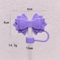 Detailed view of purple silicone bow straw cover with 10mm fit and size measurements - Purple