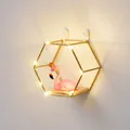 Gold hexagonal wall shelf with LED fairy lights and wooden base for room decor - Small (16.5x14.5x9.5cm) / Gold