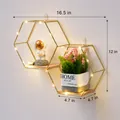Modern hexagonal gold metal wall shelf with wood base and dimensions shown - Slanted Double Hexagon / Gold