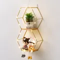 Scaffale da parete esagonale dorato con base in legno e dimensioni per arredo - Doppio Esagono Verticale / Oro