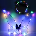 LED lighted blue butterfly wings and floral headband set for girls' party dress up - LED Wings and Wreath Set / Two-Piece Set / Blue