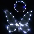 Detailed view of glowing white LED butterfly wings and matching flower crown for girls - LED Wings and Wreath Set / Two-Piece Set / White
