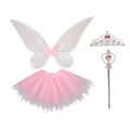 Set de disfraz de hada rosa de 4 piezas para niñas con alas, tutú, tiara y varita. - Set de 4 Piezas (Alas Tutú Tiara Varita) / Set de 4 piezas / Rosa