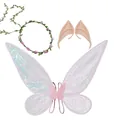 Pink iridescent butterfly fairy wings with floral crown and elf ears costume set for kids - Wings Wreath and Elf Ears Set / Three-Piece Set / Pink