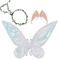 Fairy costume set with iridescent butterfly wings, elf ears, and floral headband - Wings Wreath and Elf Ears Set / Three-Piece Set / White