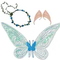 Iridescent butterfly fairy wings set with blue flower crown and elf ears for kids - Wings Wreath and Elf Ears Set / Three-Piece Set / Blue