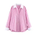 Women's casual pink vertical striped long-sleeve shirt with contrast white collar and cuffs - XS / Tops / Pink Stripes