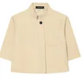 Vista dettagliata di un blazer corto beige con colletto alla coreana e bottone. - Bianco avorio