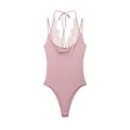 Flat lay of a dusty pink halter neck bodysuit with delicate lace trim details shown - XS / Tops / Pink