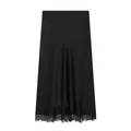 Detailed view of this black satin midi skirt with delicate lace trim at the hemline - XS / Bottoms / Black