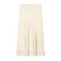 Elegant champagne satin midi skirt featuring a delicate white lace trim hem detail - XS / Bottoms / Apricot