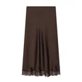 Detail view of the elegant brown satin midi skirt with delicate lace trim at the hem. - XS / Bottoms / Coffee