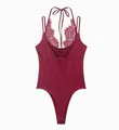 Detailed view of burgundy lace halter bodysuit with floral embroidery for elegant women's wear - Burgundy