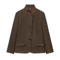 Detailed front view of brown plaid blazer with contrast stand collar - XS / Tops / Plaid
