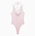 Detailed view of the pink lace halter bodysuit featuring a delicate eyelash lace trim - Light Pink