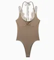 Elegant khaki halter neck bodysuit featuring delicate lace trim and back tie details - Khaki