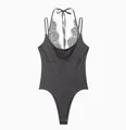 Elegant dark grey lace halter neck bodysuit featuring delicate lace and thin straps - Gray