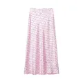 Detail van roze satijnen midi-rok met elegant zwart polkadot-patroon - XS / Bottoms / Roze Stippen