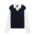 Elegante chaleco de punto trenzado azul marino sobre camisa blanca con bordado fino - S / Tops / Patchwork Blanco y Negro