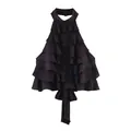 Elegante top de cuello halter con volantes negros en capas de tejido georgette suave y ligero - XS / Tops / Negro