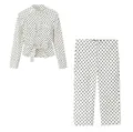 Tweedelig casual damespak met zwart gestippelde overhemdjas en broek. - XS / Boven- en Onderkant / Wit