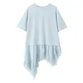 Close-up view of the asymmetrical lace patchwork hem on this light blue T-shirt - S / Tops / Light Blue